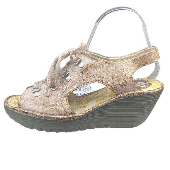 Fly London Women's Yifa Gold Lace Up Wedge Sandal Size 38 US 7.5/8 - Picture 3 of 13